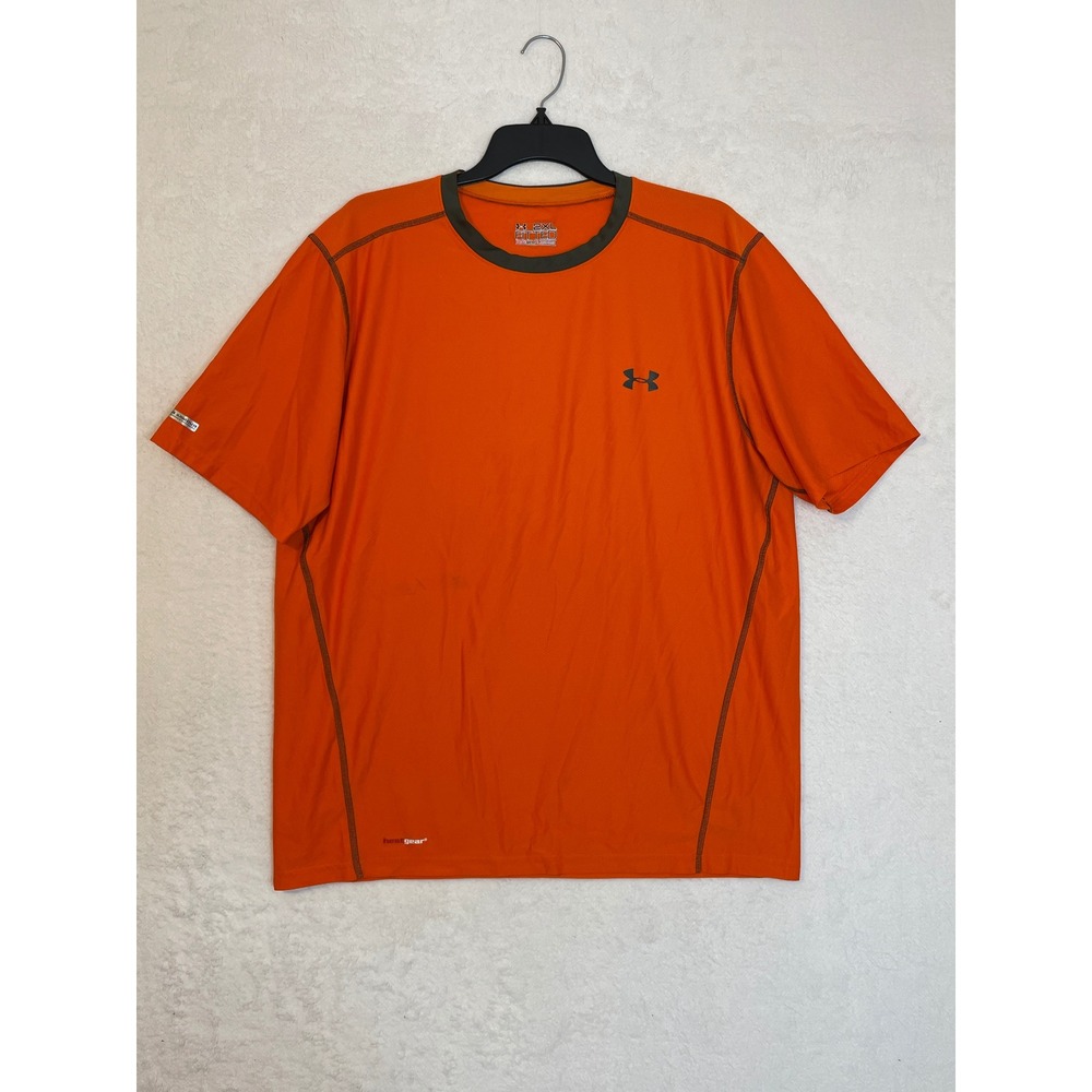 Under‎ Armour Orange Heatgear Fitted T Shirt Size 2XL Men Athletic Gym Workout
